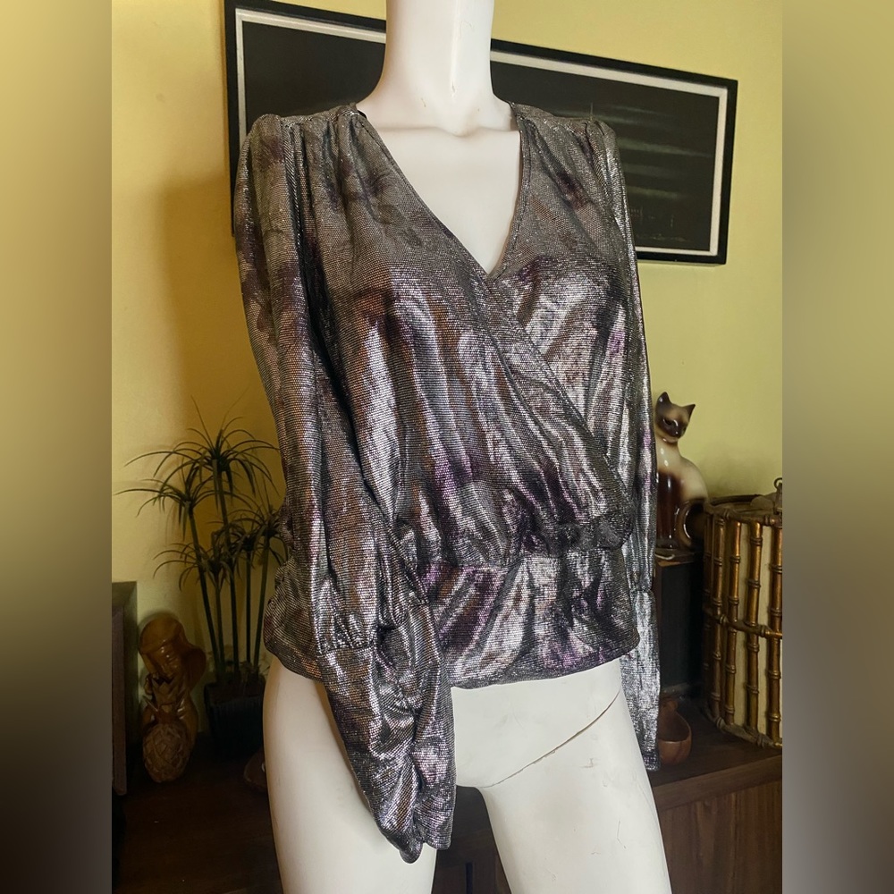 Ladies glamorous silver metallic ruched cuff  Paris blouse French rocker disco